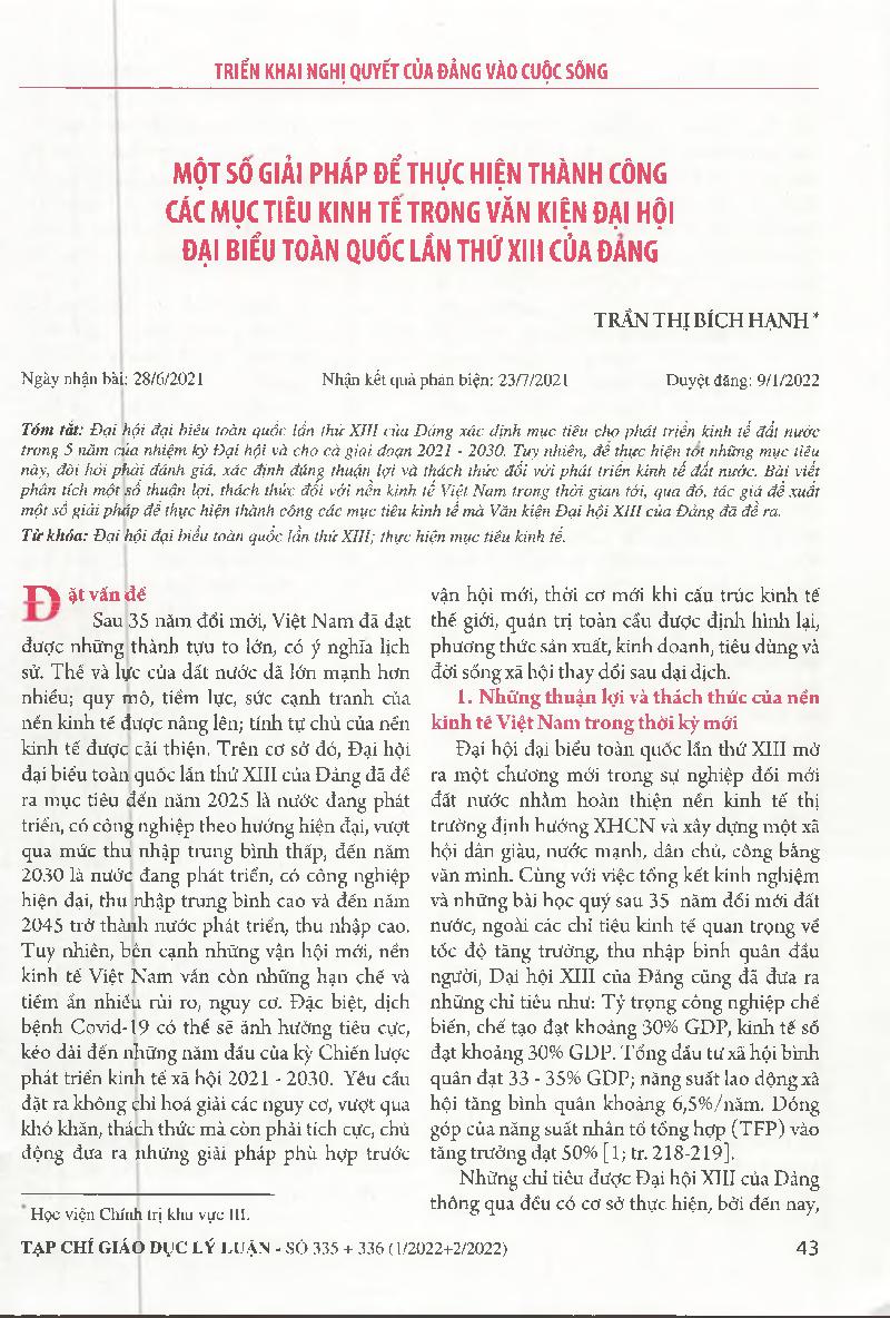 Một số giải pháp để thực hiện thành công các mục tiêu kinh tế trong văn kiện đại hội đại biểu toàn quốc lần thứ XIII của Đảng