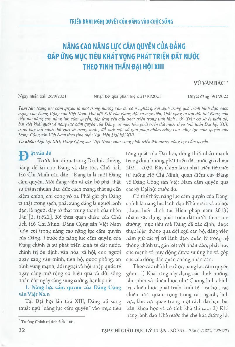 Nâng cao năng lực cầm quyền của Đảng đáp ứng mục tiêu khát vọng phát triển đất nước theo tinh thần đại hội XIII