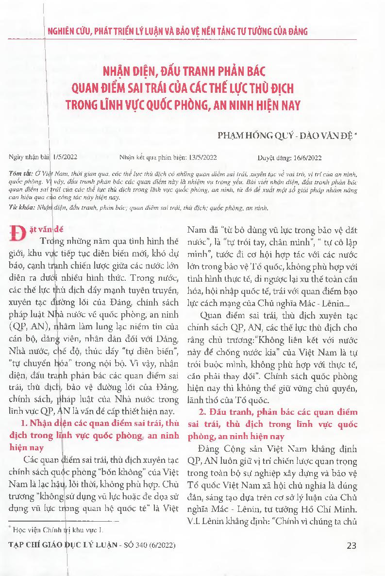 Nhận diện, đấu tranh phản bác quan điểm sai trái của các thế lực thù địch trong lĩnh vực quốc phòng, an ninh hiện nay