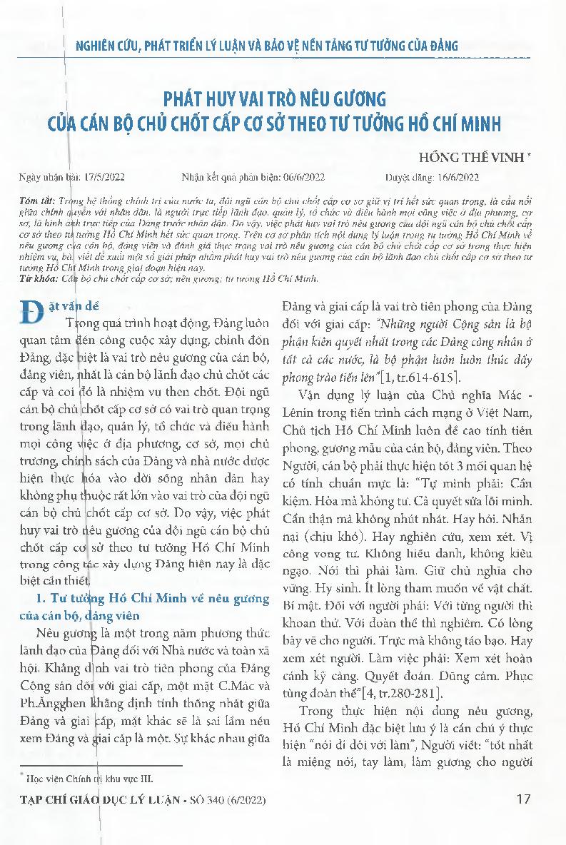 Phát huy vai trò nêu gương của cán bộ chủ chốt cấp cơ sở theo tư tưởng Hồ Chí Minh