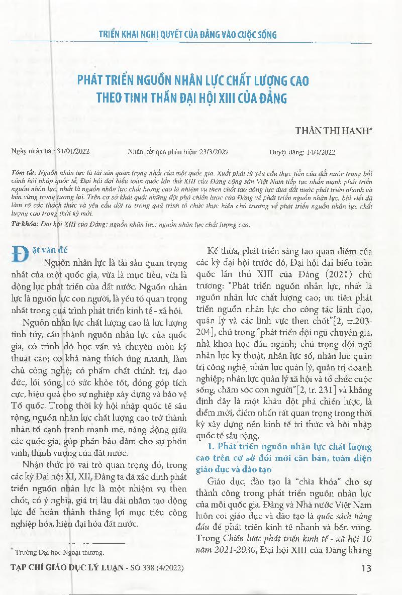 Phát triển nguồn nhân lực chất lượng cao theo tinh thần đại hội XIII của Đảng