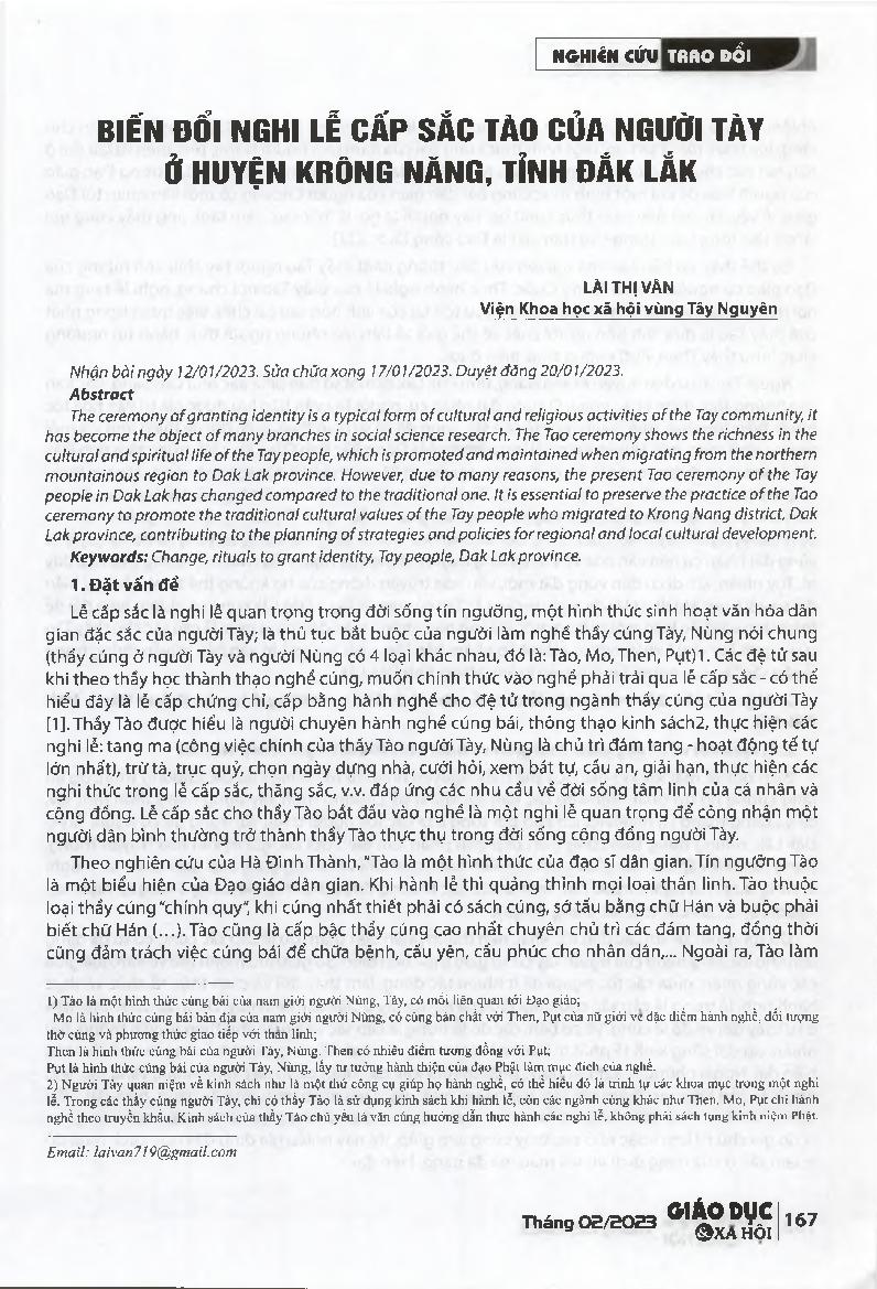 Biến đổi nghi lễ cấp sắc Tào của người Tày ở huyện Krông Năng, tỉnh Đắk Lắk = Transformation of the Tao ceremony of the Tay people in Krong Nang district. Dak Lak province.