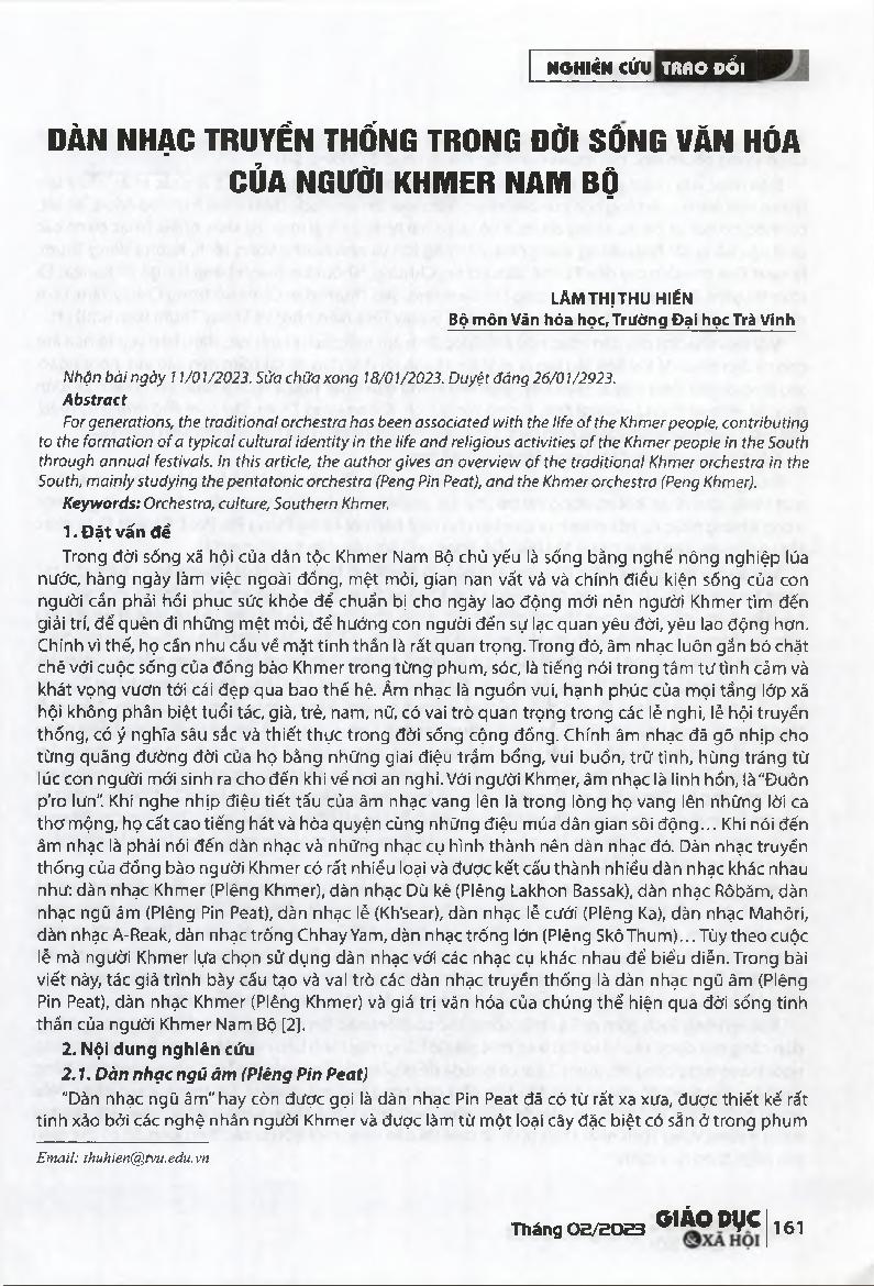 Dàn nhạc truyền thống trong đời sống văn hóa của người Khmer Nam Bộ = Traditional orchestra in the cultural life of Khmer people in the South.