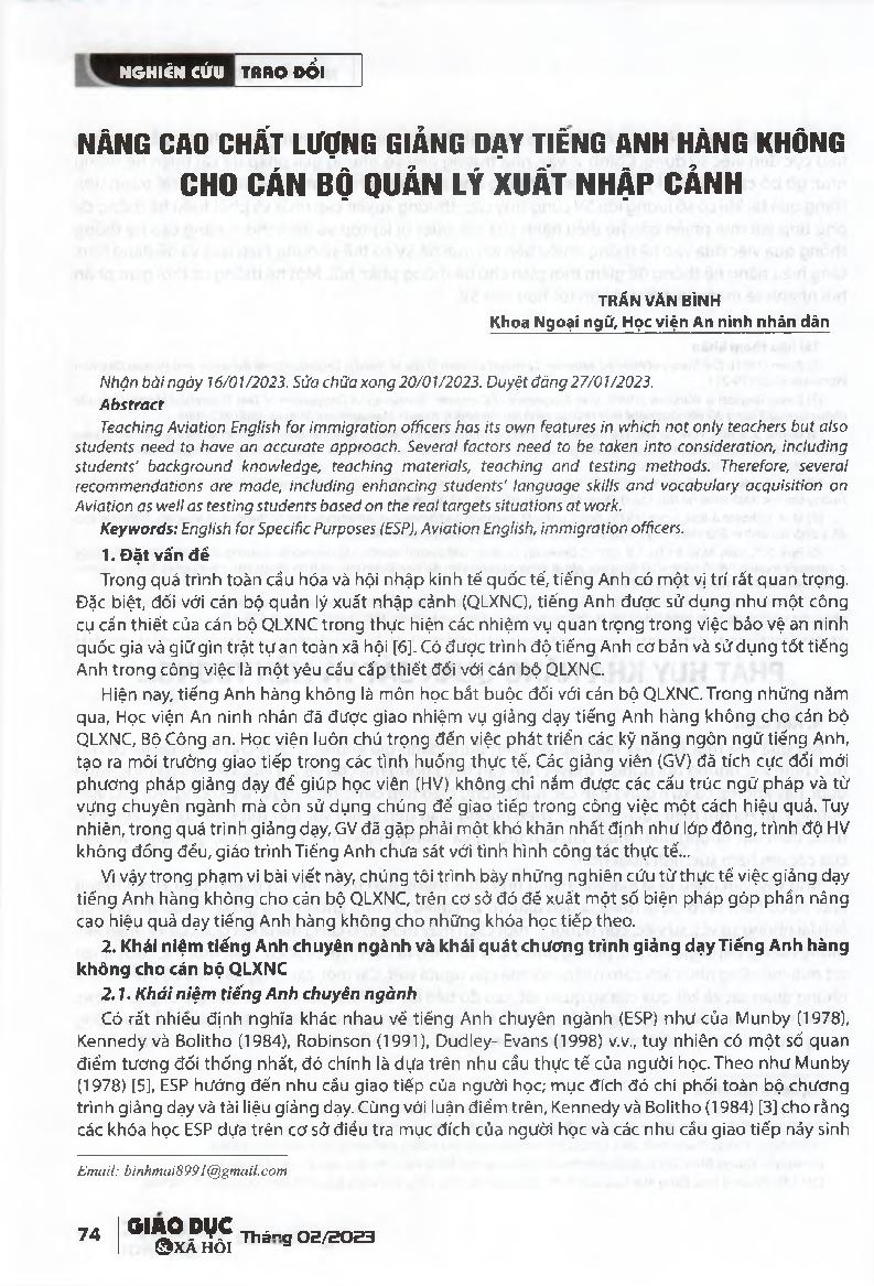Nâng cao chất lượng giảng dạy Tiếng Anh hàng không cho cán bộ quản lý xuất nhập cảnh = Improving the effectiveness of teaching Aviation English for immigration officers