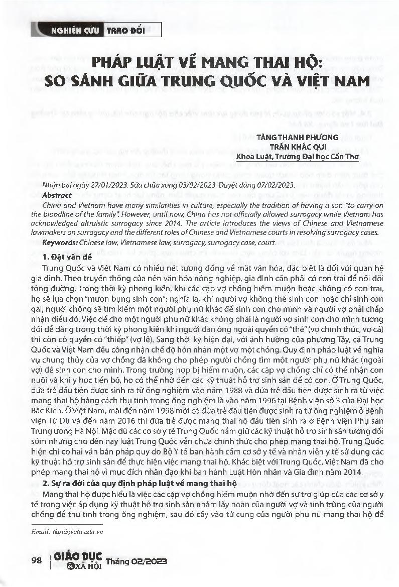Pháp luật về mang thai hộ: so sánh giữa Trung Quốc và Việt Nam = Law on surrogacy: comparison between China and Vietnam