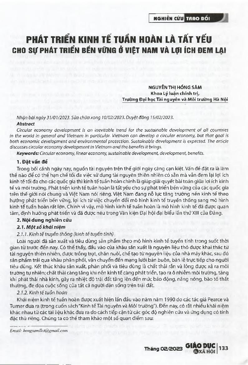 Phát triển kinh tế tuần hoàn là tất yếu cho sự phát triển bền vững ở Việt Nam và lợi ích đem lại = Circular economy development in Vietnam and the benefits it brings