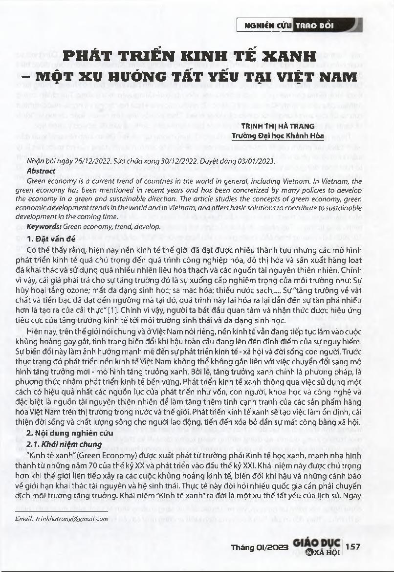 Phát triển kinh tế xanh - một xu hướng tất yếu tại Việt Nam = Green economic development - a conductor of Vietnam
