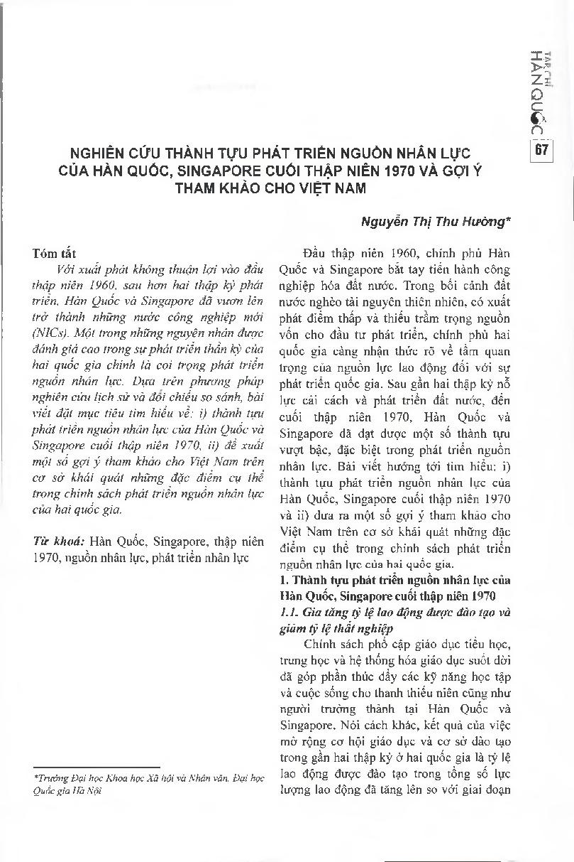 Nghiên cứu thành tựu phát triển nguồn nhân lực của Hàn Quốc, Singapore cuối thập niên 1970 và gợi ý tham khảo cho Việt Nam 67 = Human resource development achievements of South Korea and Singapore in the late 1970s and suggestions for Vietnam