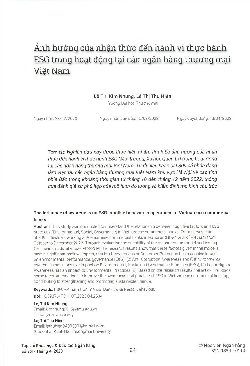 Ảnh hưởng của nhận thức đến hành vi thực hành ESG trong hoạt động tại các ngân hàng thương mại Việt Nam = The influence of awareness on ESG practice behavior in operations at Vietnamese commercial banks