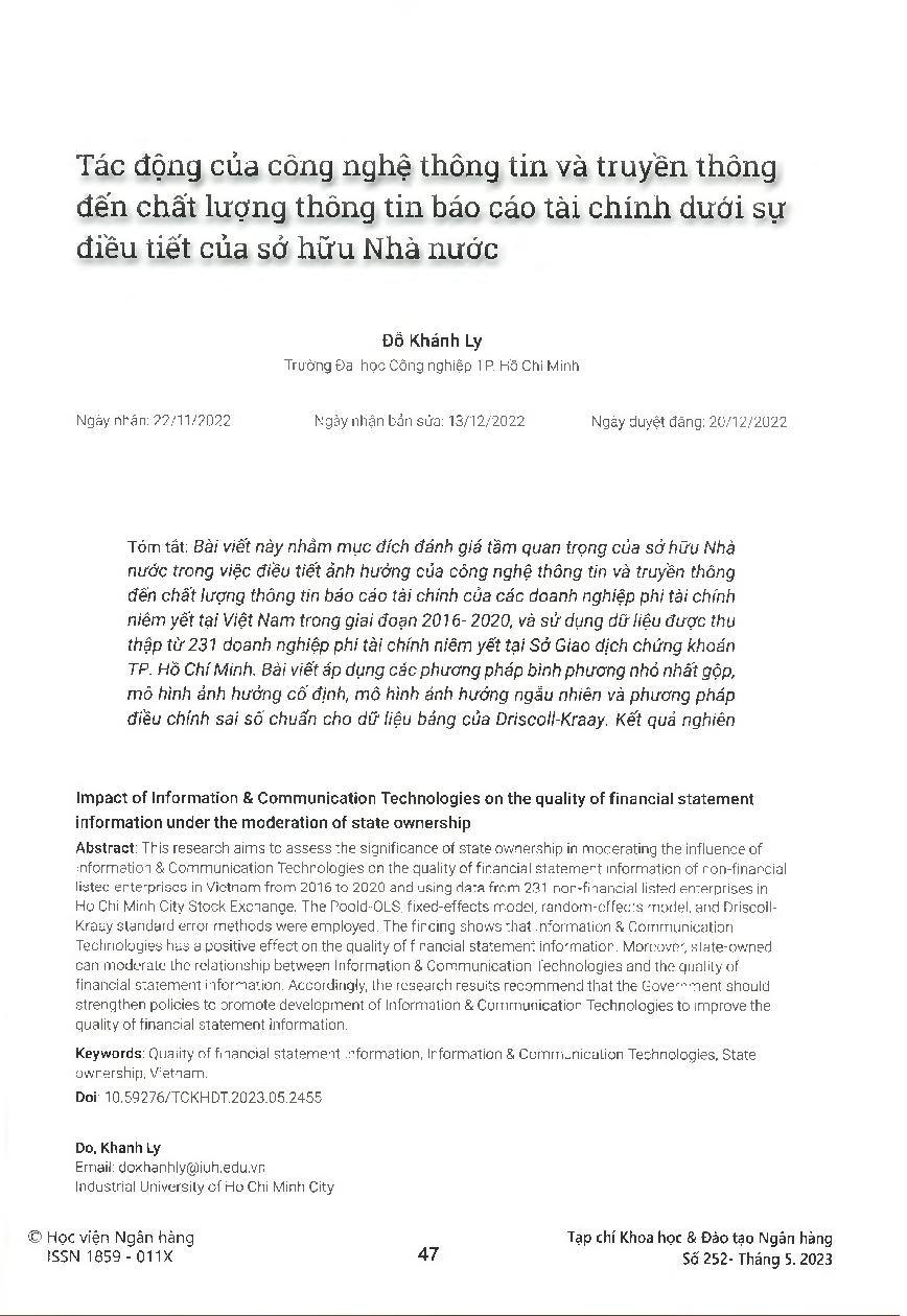 Tác động của công nghệ thông tin và truyền thông đến chất lượng thông tin báo cáo tài chính dưới sự điều tiết của sở hữu Nhà nước = Impact of Information  & Communication Technologies on the quality of financial statement information under the moderation 