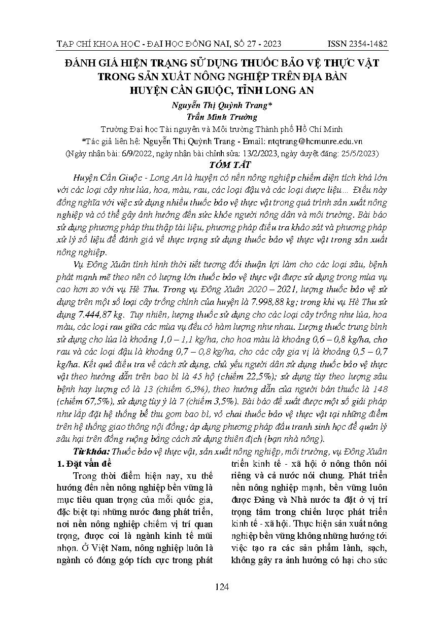 Đánh giá hiện trạng sử dụng thuốc bảo vệ thực vật trong sản xuất nông nghiệp trên địa bàn huyện Cần Giuộc, tỉnh Long An = Assessment of the current utilization of pesticide in agriculture production in can giuoc district, Long An province