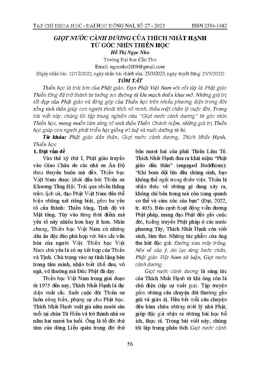 Giọt nước cành dương của thích nhất hạnh từ góc nhìn thiền học = Giot nuoc canh duong by thich nhat hanh in view of meditation