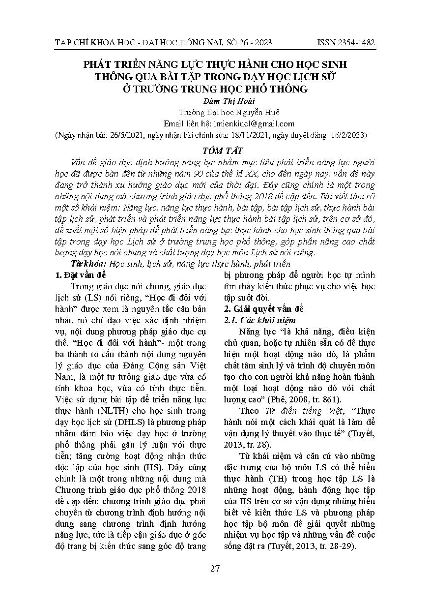 Phát triển năng lực thực hành cho học sinh thông qua bài tập trong dạy học lịch sử ở trường trung học phổ thông = Develop the practical competence for students through exercises in teaching history in high school
