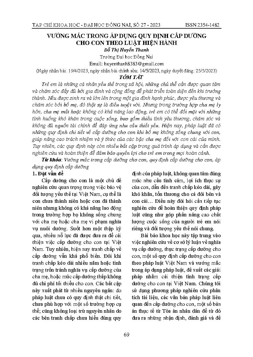 Vướng mắc trong áp dụng quy định cấp dưỡng cho con theo luật hiện hành = Difficulties in applying the regulation on child support according to the current law