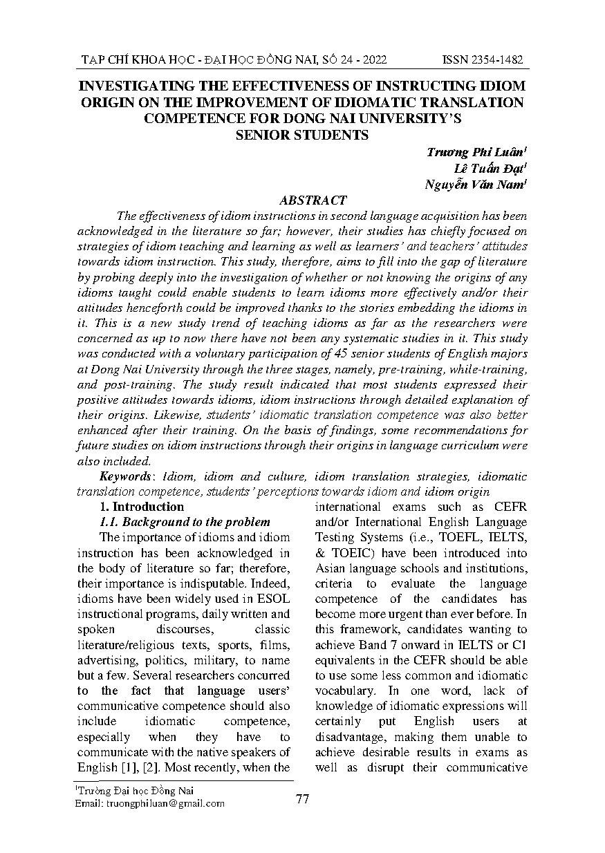Điều tra tính hiệu quả hướng dẫn dạy nguồn gốc của các thành ngữ nhằm cải thiện năng lực dịch thành ngữ cho sinh viên năm cuối trường đại học Đồng Nai = Investigating the effectiveness of instructing idiom origin on the improvement of idiomatic translatio