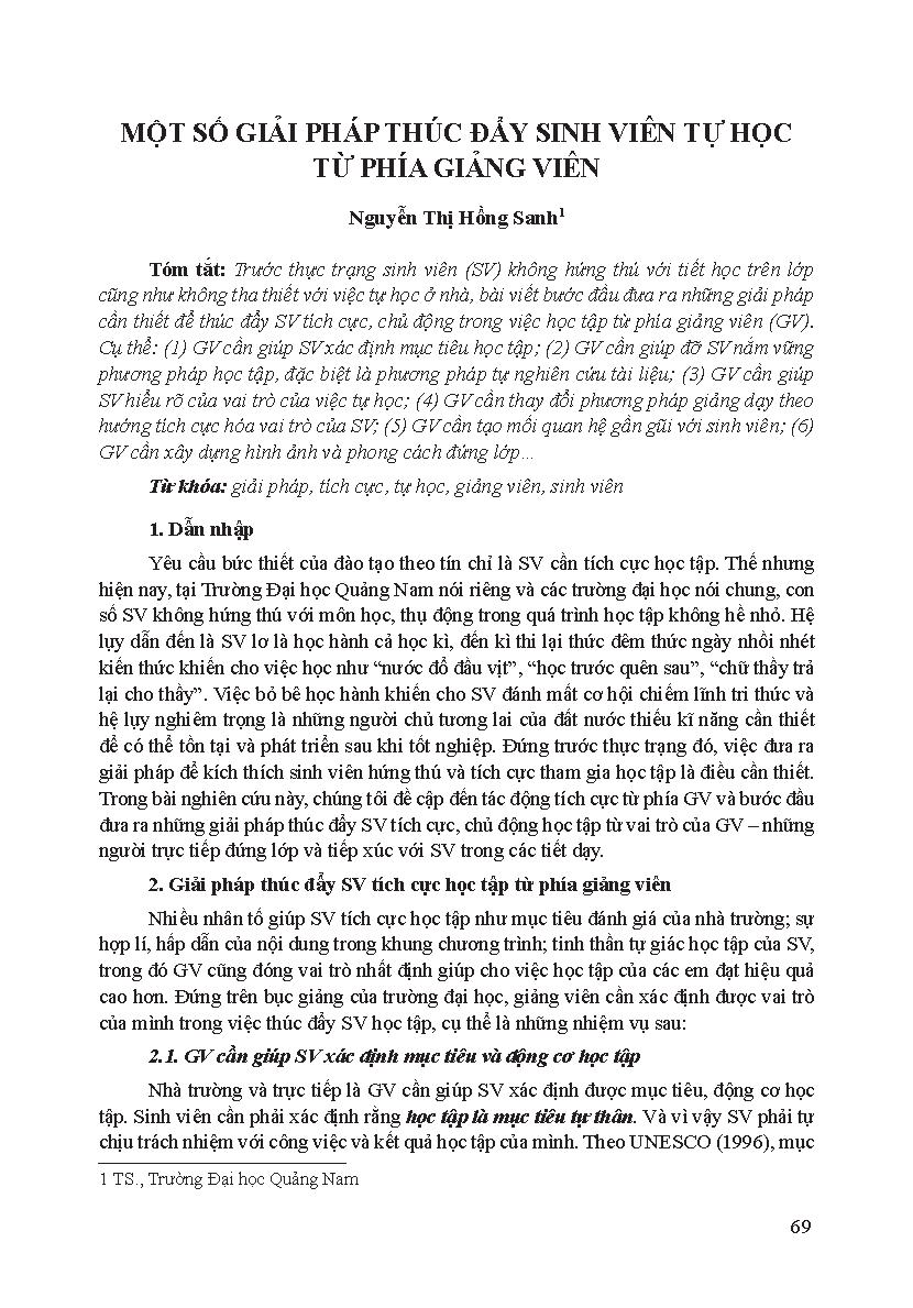 Một số giải pháp thúc đẩy sinh viên tự học từ phía giảng viên = Some solutions to promote students to learning from the teacher