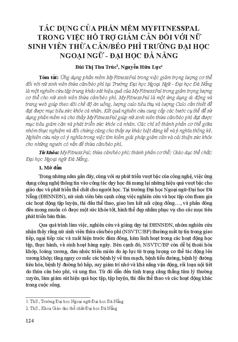 Tác dụng của phần mềm MyFitnessPal trong việc hỗ trợ giảm cân đối với nữ sinh viên thừa cân/béo phì Trường Đại học Ngoại ngữ - Đại học Đà Nẵng = The effect of myfitnesspal software in supporting weight loss for overweight/obese female students university 