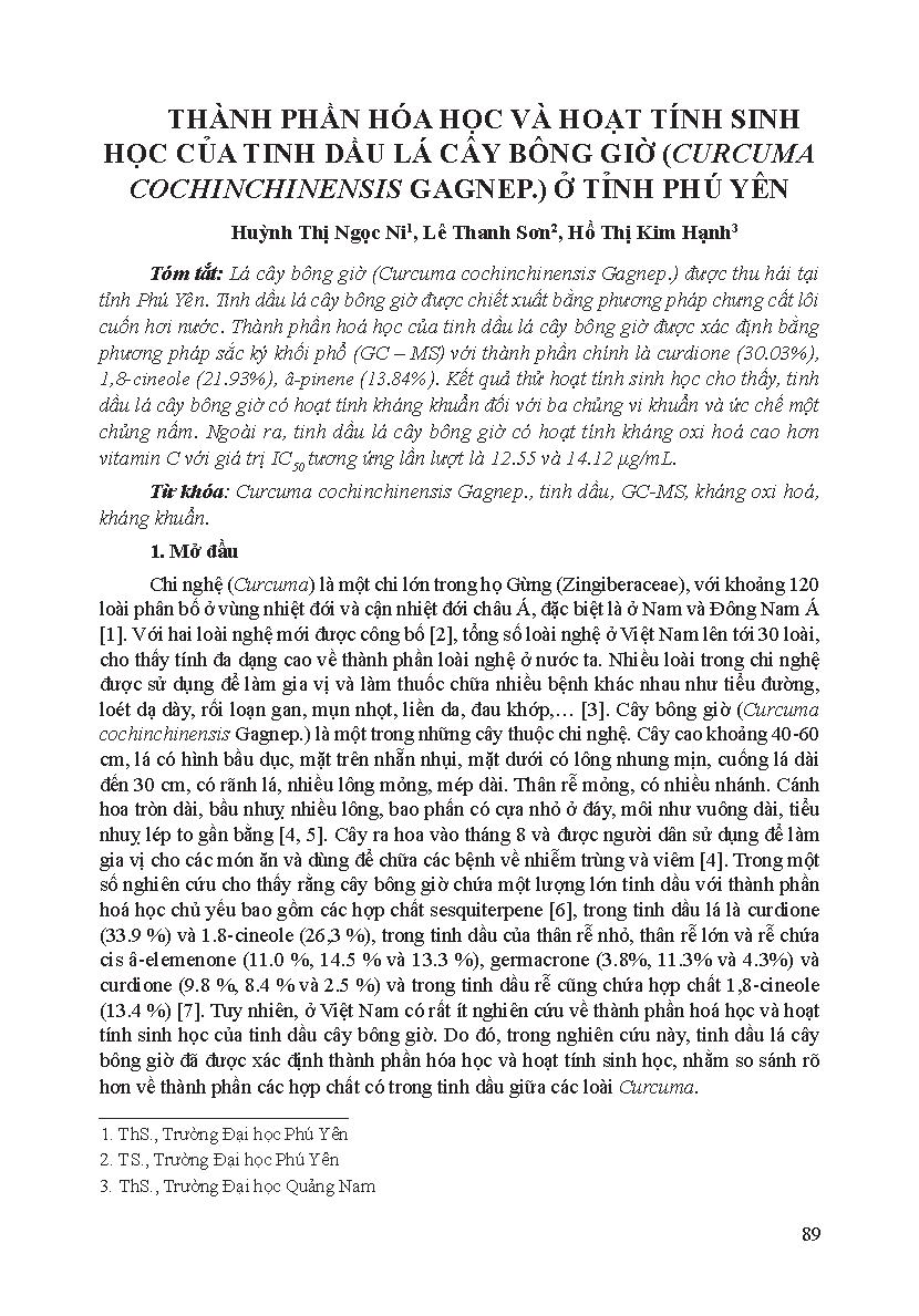 Thành phần hóa học và hoạt tính sinh học của tinh dầu lá cây bông giờ (Curcuma cochinchinensis Gagnep.) ở tỉnh Phú Yên = Chemical compositions and bioactivities of the essential oil from leaves of Curcuma cochinchinensis Gagnep. in Phu Yen province