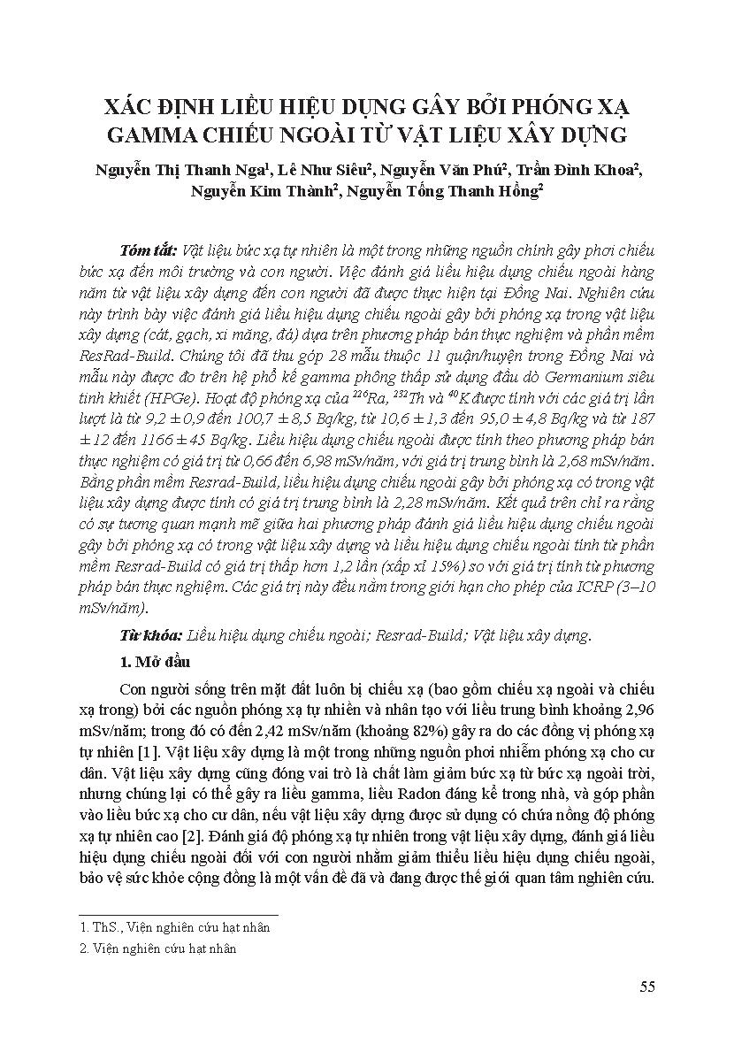 Xác định liều hiệu dụng gây bởi phóng xạ gamma chiếu ngoài từ vật liệu xây dựng = Determination external effective dose caused by gamma radiation from building materials