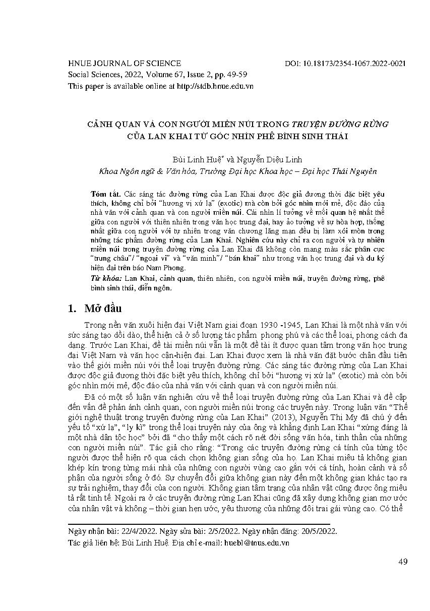 Cảnh quan và con người miền núi trong truyện Đường rừng của Lan Khai từ góc nhìn phê bình sinh thái = Mountainous landscape and ethnic minority people in the forest by Lan Khai from the perspectives of ecocriticism