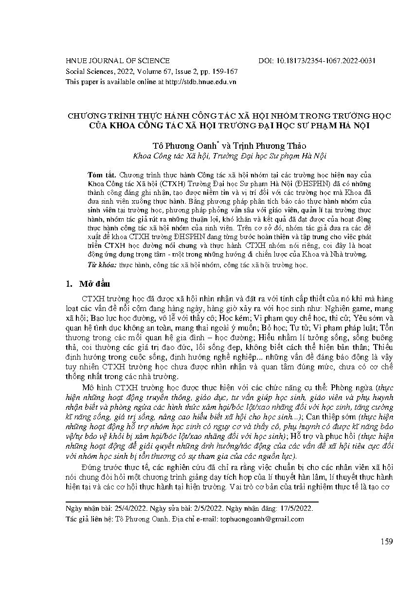 Chương trình thực hành công tác xã hội nhóm trong trường học của khoa công tác xã hội trường Đại học Sư phạm Hà Nội = The current field practicum with group work in schools of the Faculty of Social Work, Hanoi National University of Educatio