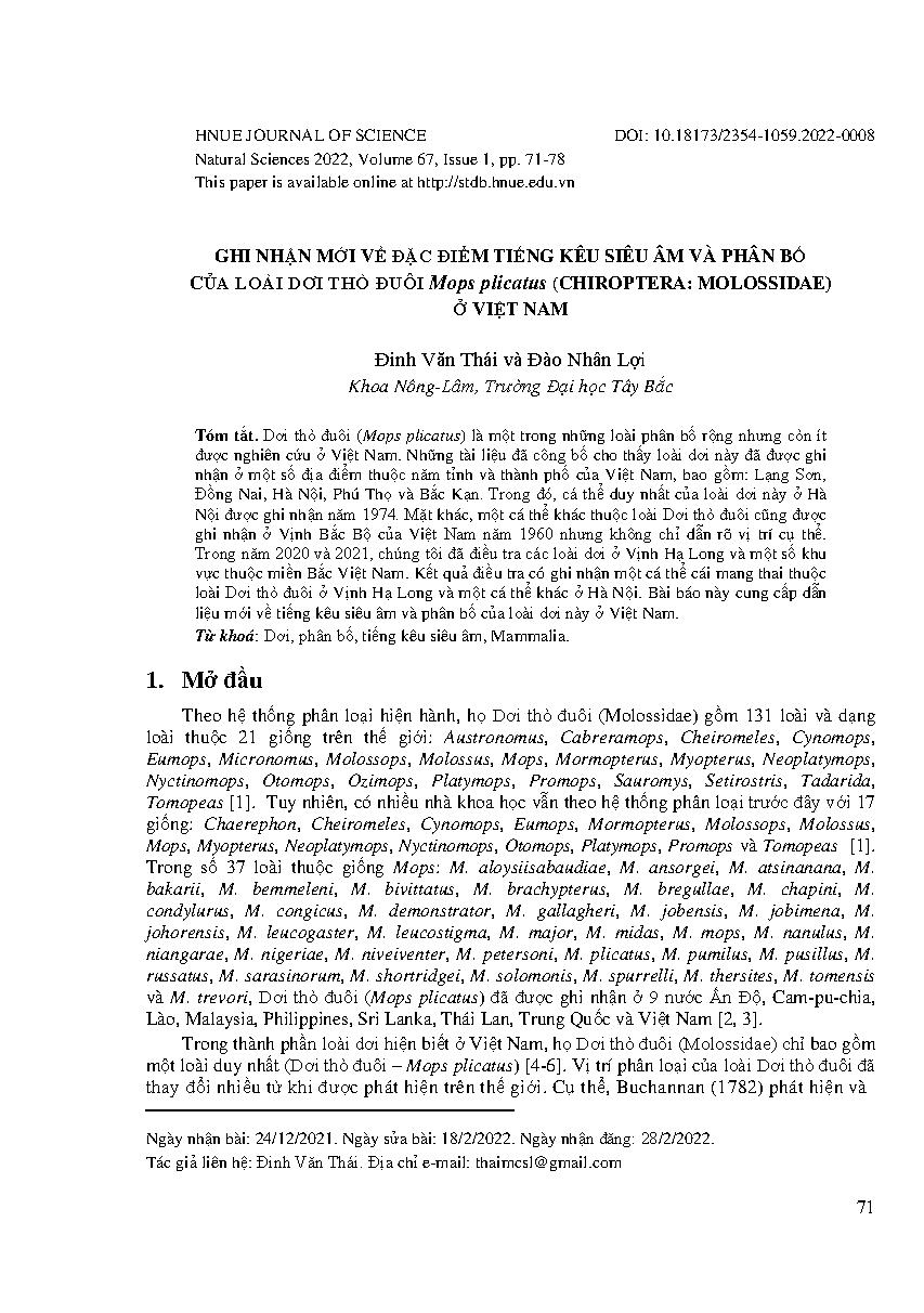 Ghi nhận mới về đặc điểm tiếng kêu siêu âm và phân bố của loài dơi thò đuôi Mops plicatus (Chiroptera: Molossidae) ở Việt Nam = New acoustic and dítributional records of Mops plicatus (Chiroptera: Molossidae) from Vietnam