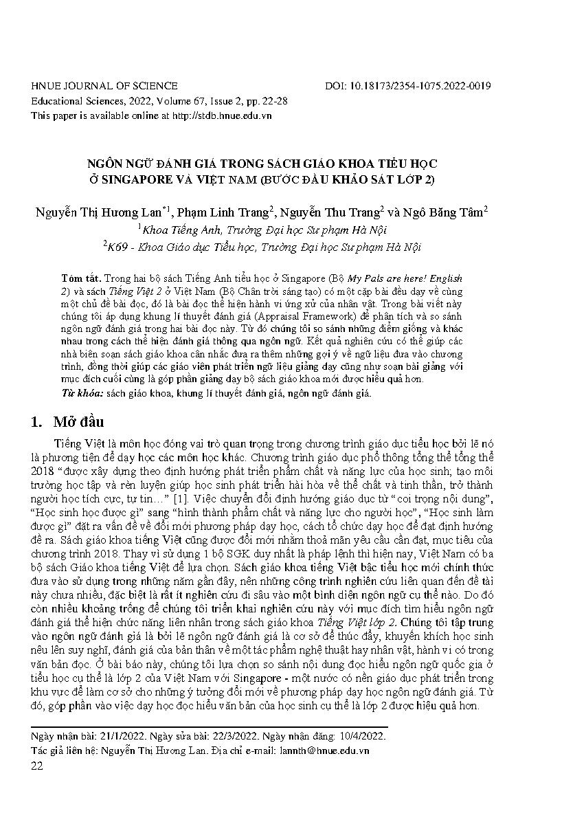 Ngôn ngữ đánh giá trong sách giáo khoa tiểu học ở Singapore và Việt Nam (bước đầu khảo sát lớp 2) = Language of evaluation in Primary school textbooks in Singapore and Vietnam (A preliminary investigation into Textbook Grade 2)