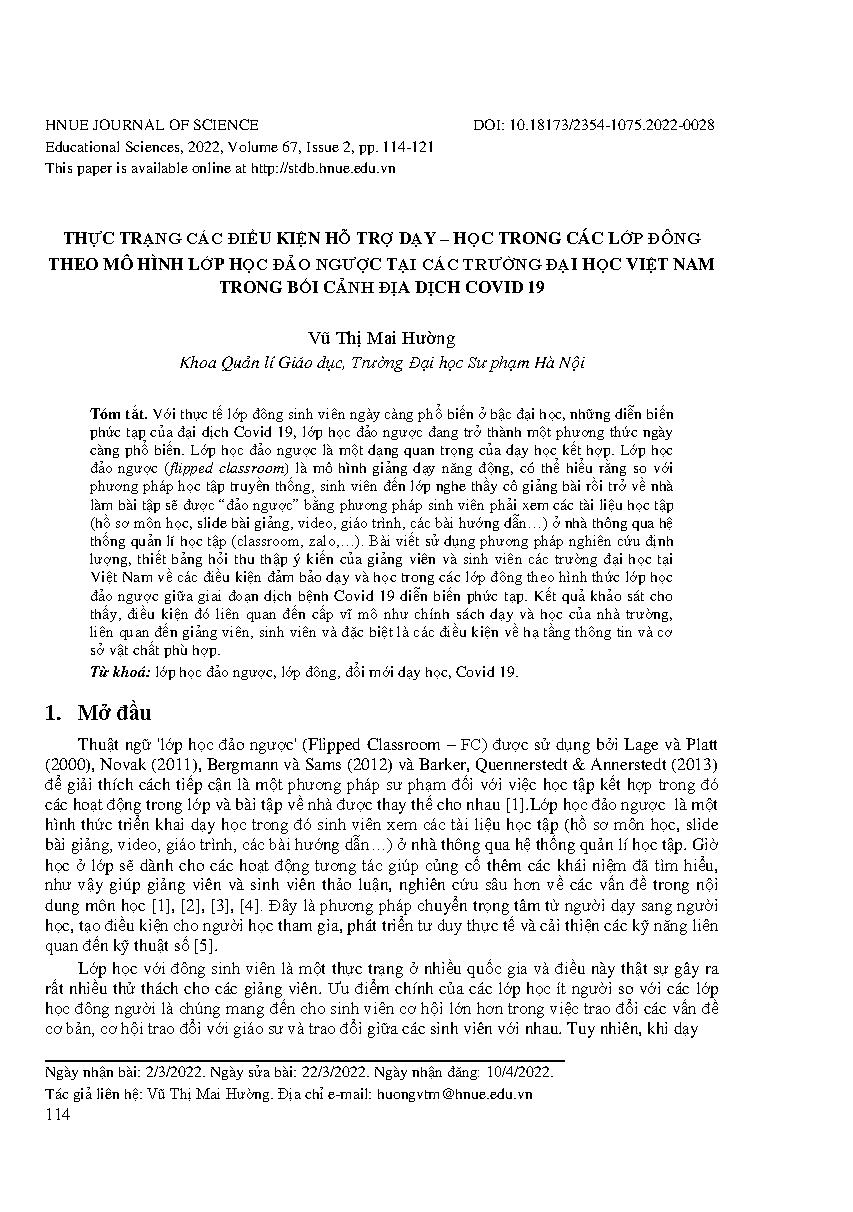Thực trạng các điều kiện hỗ trợ dạy – học trong các lớp đông theo mô hình lớp học đảo ngược tại các trường đại học Việt Nam trong bối cảnh địa dịch Covid 19 = The situation of teaching and learning conditions in large classes under flipped classroom at un