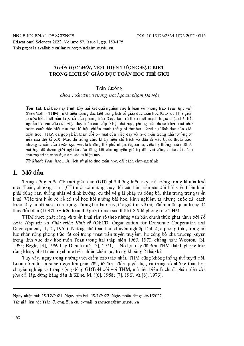 Toán học mới, một hiện tượng đặc biệt trong lịch sử giáo dục toán học thế giới = New math, a special phenomenon in the history of mathematics education