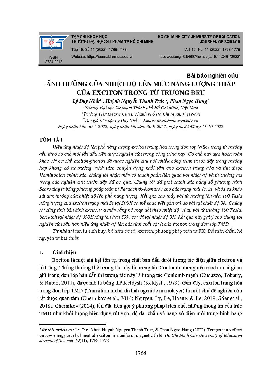Ảnh hưởng của nhiệt độ lên mức năng lượng thấp của exciton trong từ trường đều = Temperature effect on low energy level of neutral exciton in a uniform magnetic field