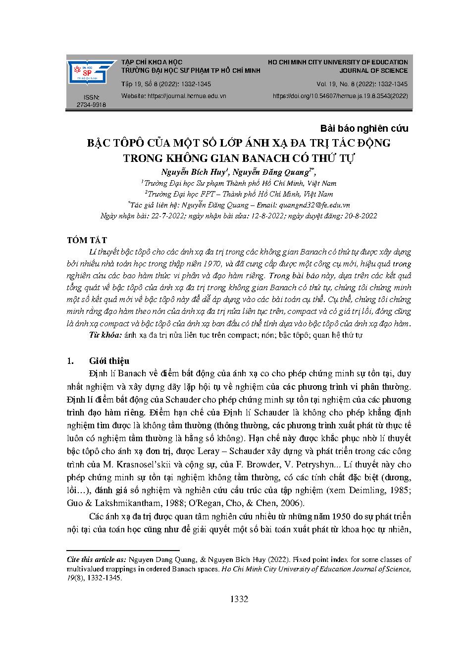 Bậc tôpô của một số lớp ánh xạ đa trị tác động trong không gian banach có thứ tự = Fixed point index for some classes of multivalued mappings in ordered banach spaces