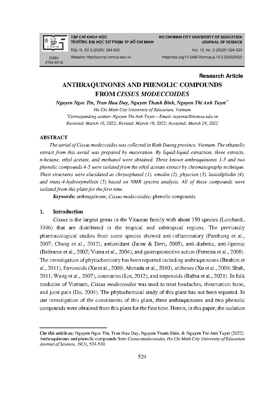 Các hợp chất anthraquinone và phenolic từ loài cissus modeccoides = Anthraquinones and phenolic compounds from cissus modeccoides