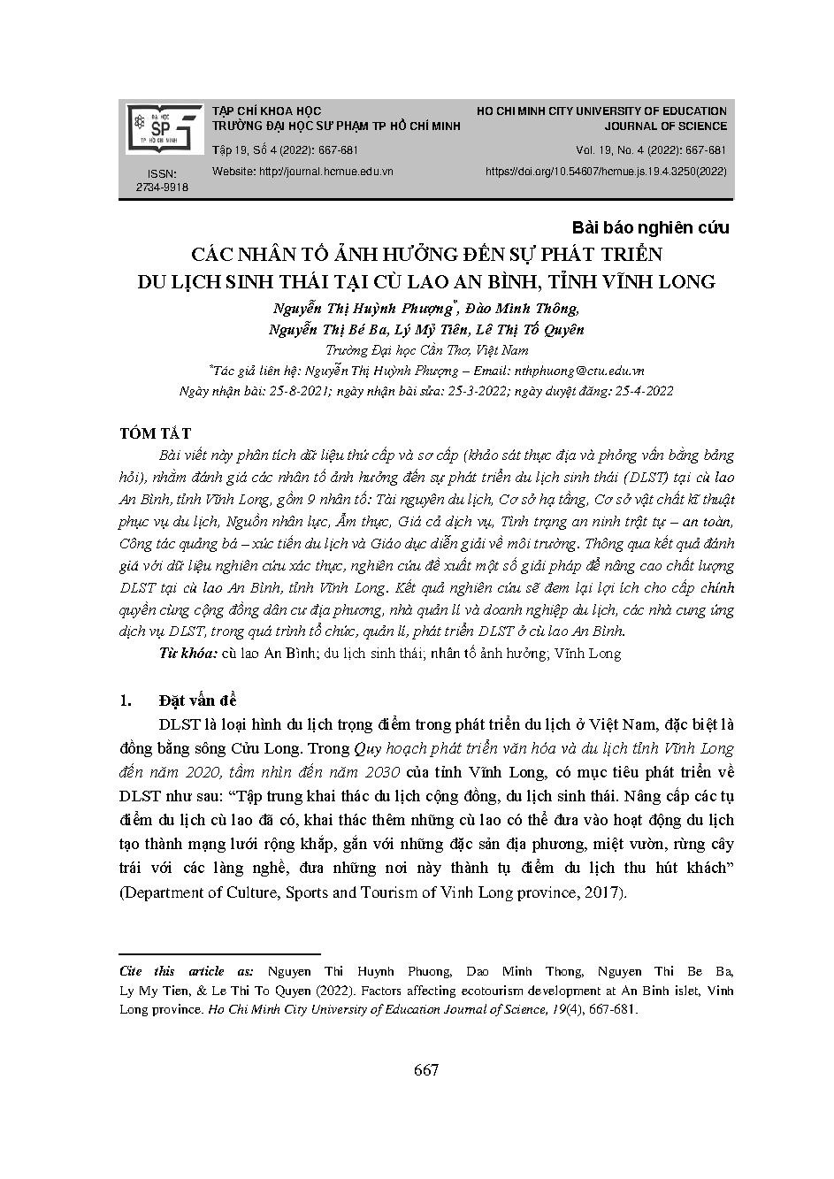 Các nhân tố ảnh hưởng đến sự phát triển du lịch sinh thái tại Cù Lao An Nình, tỉnh Vĩnh Long = Factors affecting ecotourism development at an binh islet, vinh long province