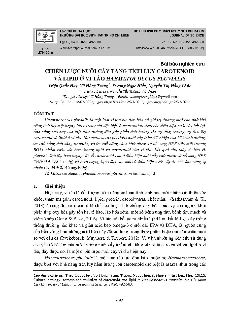 Chiến lược nuôi cấy tăng tích lũy carotenoid và lipid ở vi tảo haematococcus pluvialis = Cultural strategy increase accumulation of carotenoid and lipid in haematococcus pluvialis
