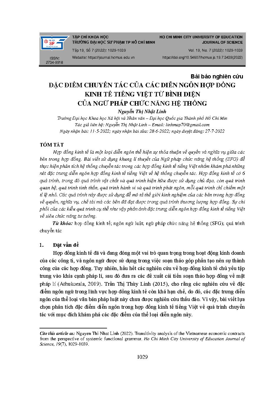 Đặc điểm chuyển tác của các diễn ngôn hợp đồng kinh tế tiếng Việt từ bình diện của ngữ pháp chức năng hệ thống = Transitivity analysis of the vietnamese economic contracts from the perspective of systemic functional grammar