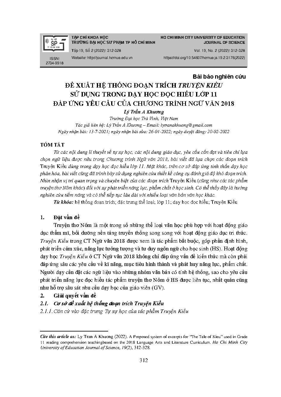 Đề xuất hệ thống đoạn trích truyện kiều sử dụng trong dạy học đọc hiểu lớp 11 đáp ứng yêu cầu của chương trình ngữ văn 2018 = A proposed system of excerpts for “the tale of kieu” used in grade 11 reading comprehension teaching based on the 2018 language a