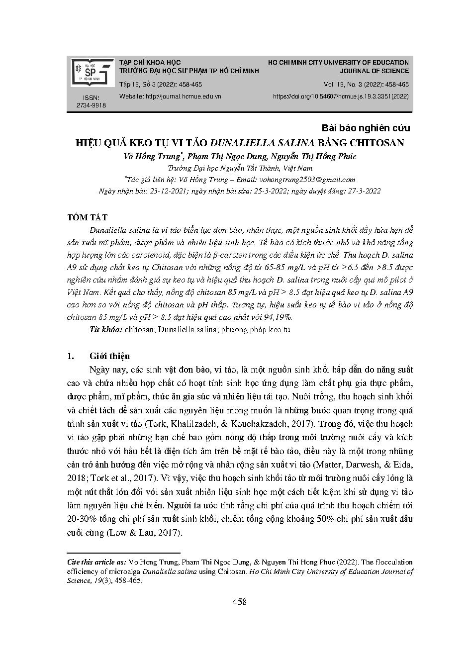 Hiệu quả keo tụ vi tảo dunaliella salina bằng chitosan = The flocculation efficiency of microalga dunaliella salina using chitosan