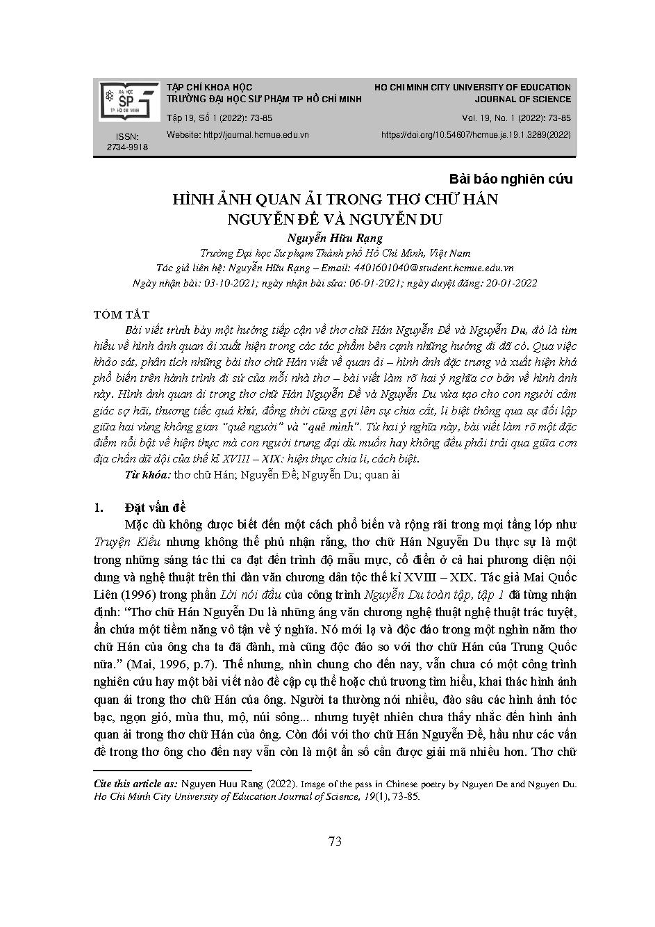 Hình ảnh quan ải trong thơ chữ hán Nguyễn Đề và Nguyễn Du = Image of the pass in chinese poetry by Nguyen De and Nguyen Du