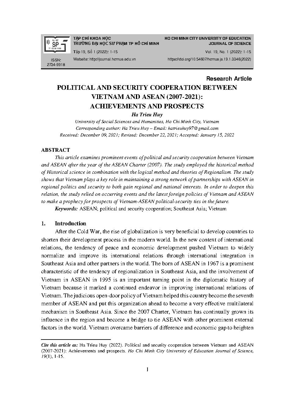 Hợp tác chính trị-an ninh Việt Nam – ASEAN (2007-2021): thành tựu và triển vọng = Political and security cooperation between vietnam and asean (2007-2021): achievements and prospects