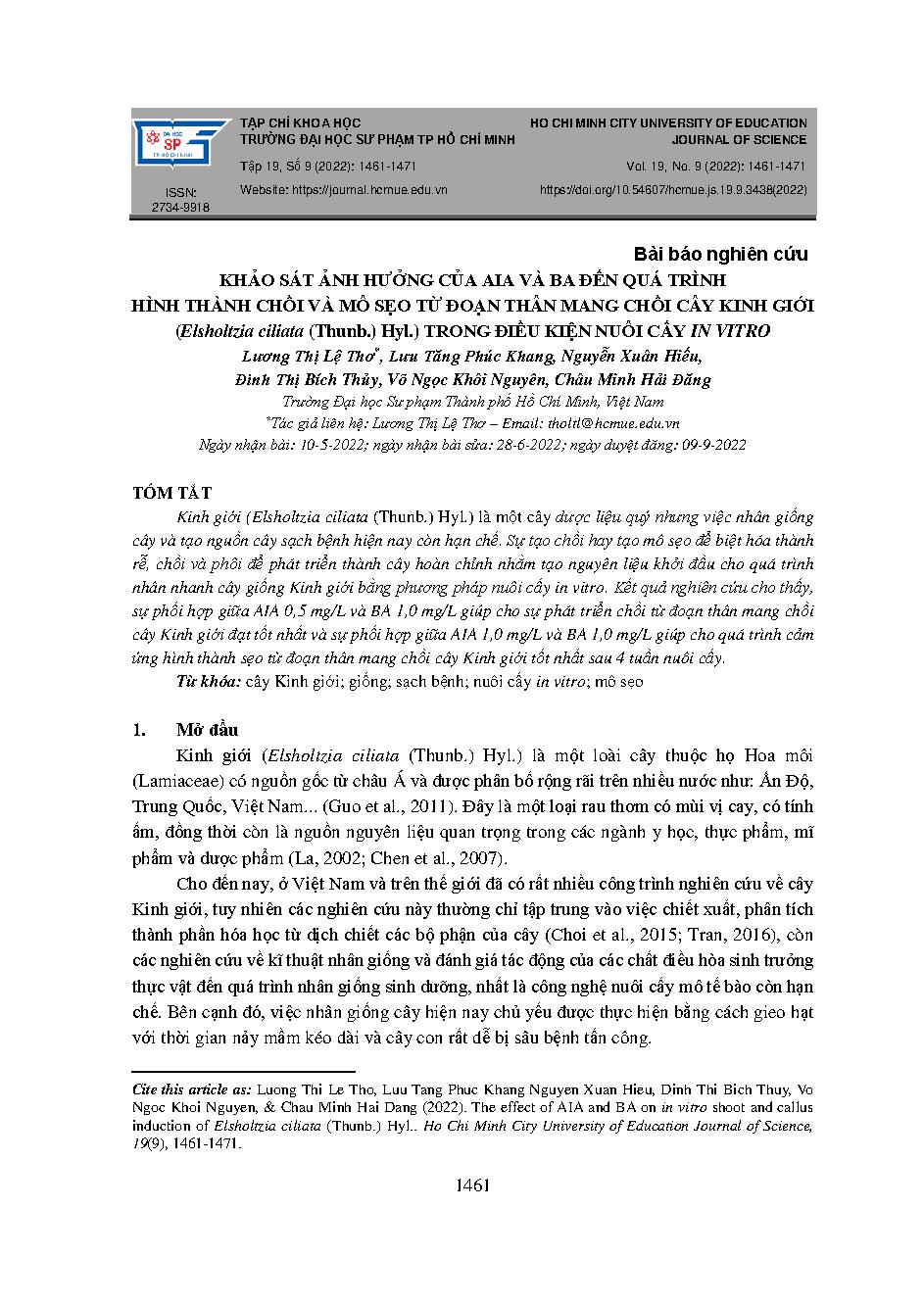 Khảo sát ảnh hưởng của aia và ba đến quá trình hình thành chồi và mô sẹo từ đoạn thân mang chồi cây kinh giới (Elsholtzia ciliata (Thunb.) Hyl.) trong điều kiện nuôi cấy in vitro = The effect of aia and ba on in vitro shoot and callus induction of elsholt