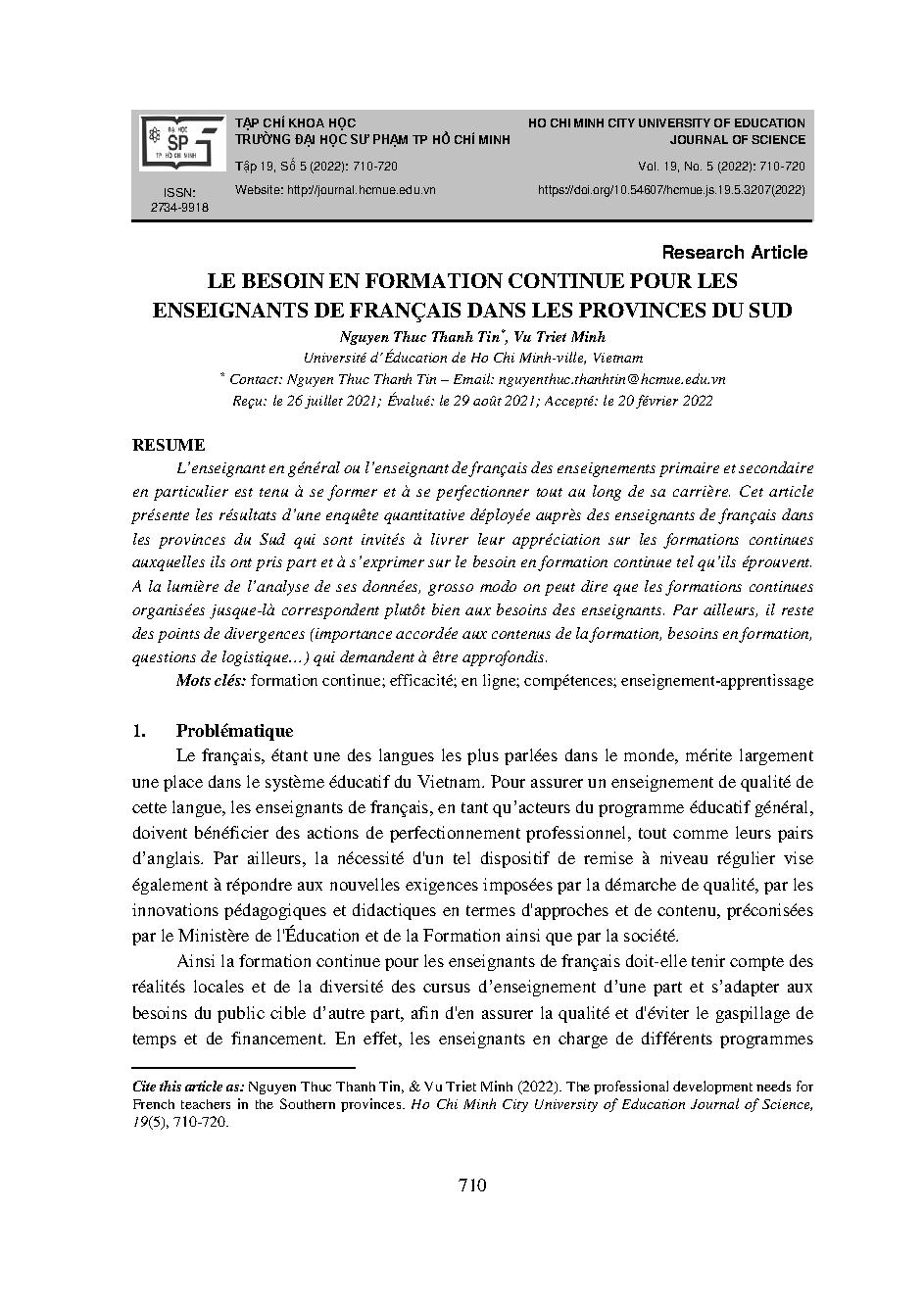 Nhu cầu phát triển nghề nghiệp cho giáo viên tiếng Pháp ở các tỉnh phía Nam = The professional development needs for french teachers in the southern provinces
