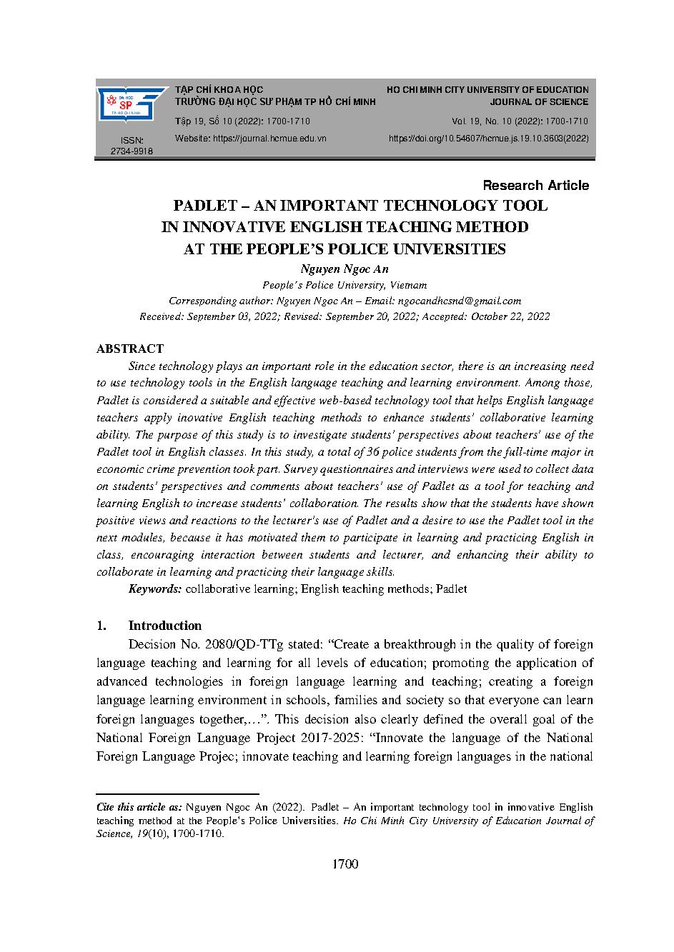 Padlet – một công cụ công nghệ quan trọng trong hoạt động đổi mới phương pháp dạy học môn tiếng anh tại các trường đại học thuộc lực lượng công an nhân dân = Padlet – an important technology tool in innovative english teaching method at the people’s polic