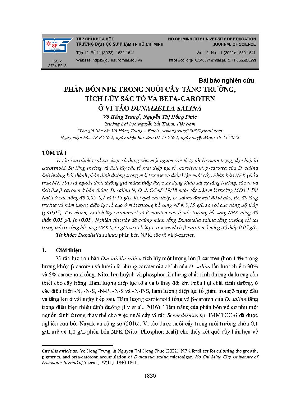 Phân bón NPK trong nuôi cấy tăng trưởng, tích lũy sắc tố và beta-caroten ở vi tảo dunaliella salina = NPK fertilizer for culturing the growth, pigments, and beta-carotene accumulation of dunaliella salina microalgae