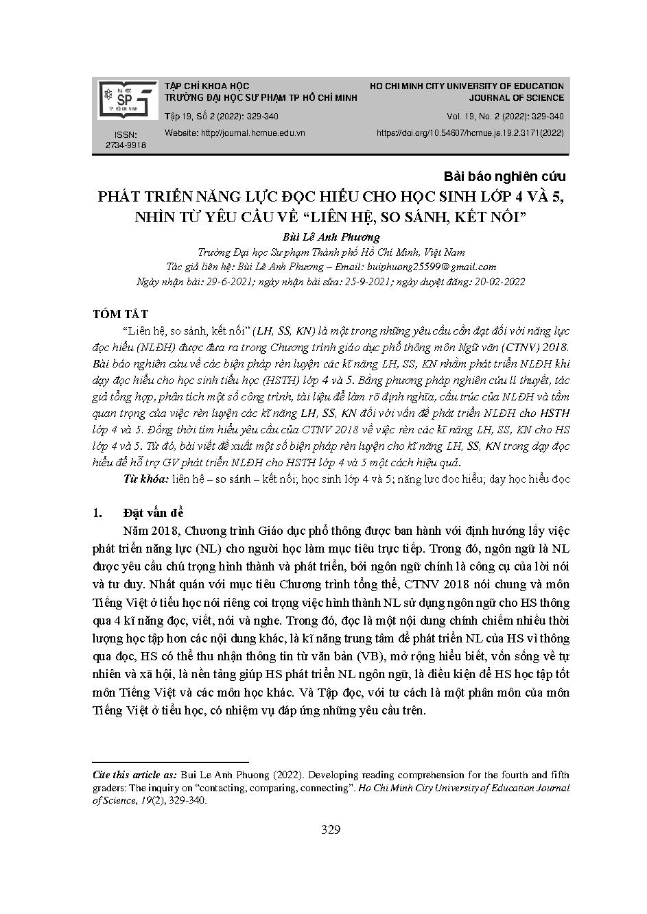 Phát triển năng lực đọc hiểu cho học sinh lớp 4 và 5, nhìn từ yêu cầu về “liên hệ, so sánh, kết nối” = Developing reading comprehension for the fourth and fifth graders: the inquiry on “contacting, comparing, connecting”
