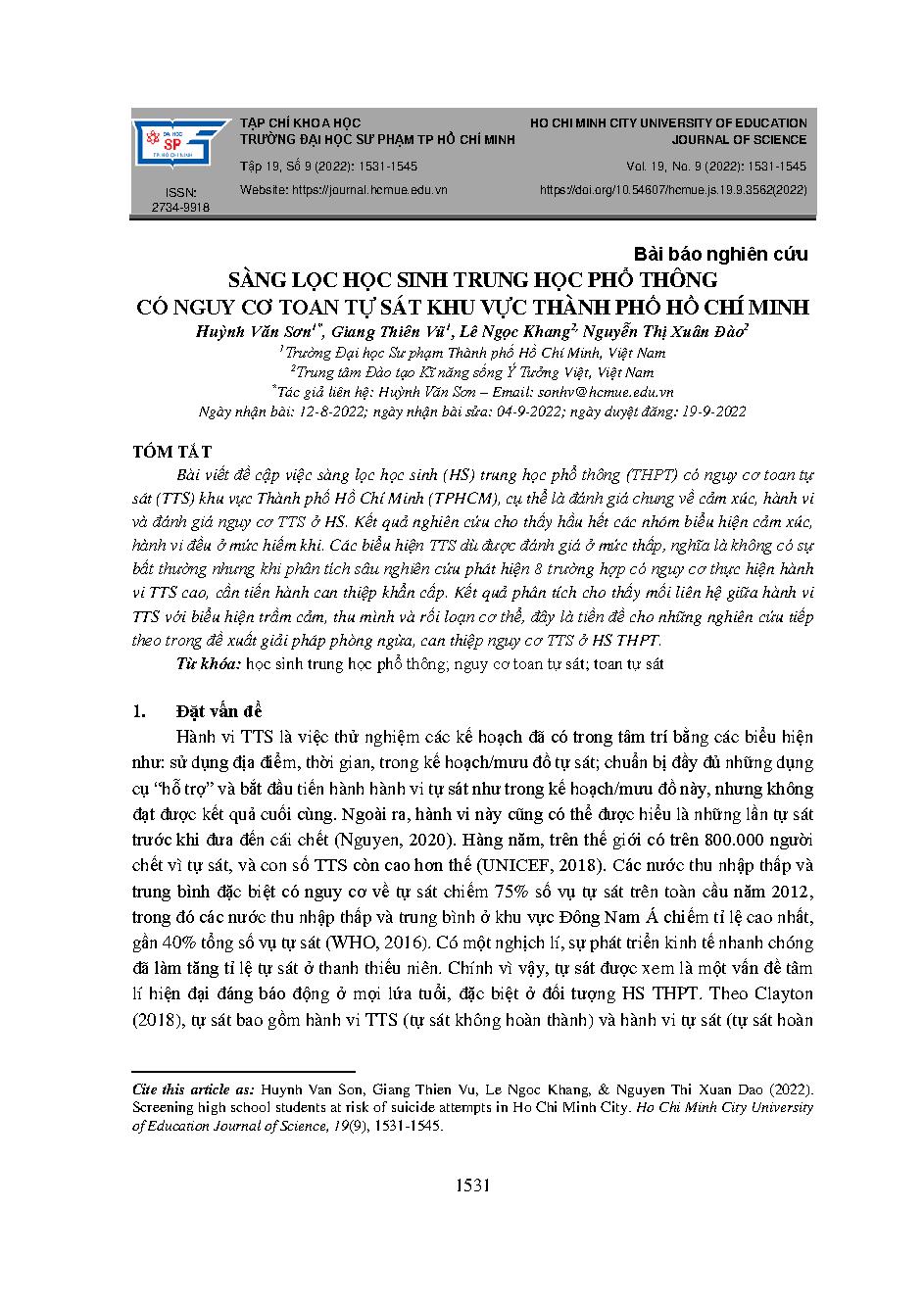 Sàng lọc học sinh trung học phổ thông có nguy cơ toan tự sát khu vực thành phố Hồ Chí Minh = Screening high school students at risk of suicide attempts in Ho Chi Minh city