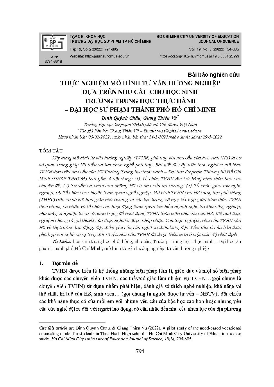 Thực nghiệm mô hình tư vấn hướng nghiệp dựa trên nhu cầu cho học sinh trường trung học thực hành – đại học sư phạm thành phố Hồ Chí Minh = A pilot study of the need-based vocational counseling model for students in thuc hanh high school – ho chi minh city