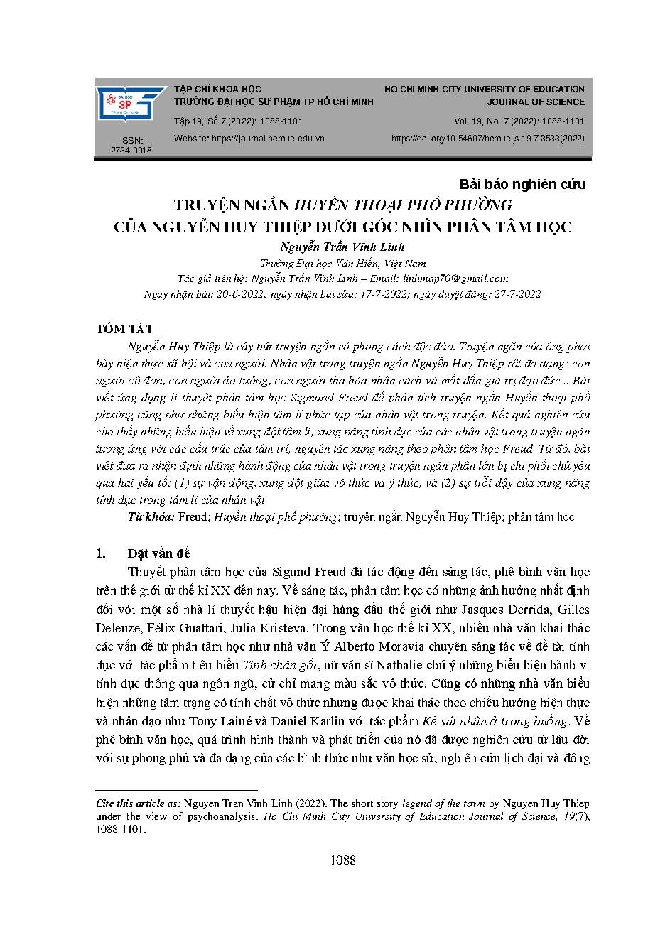 Truyện ngắn huyền thoại phố phường của Nguyễn Huy Thiệp dưới góc nhìn phân tâm học = The short story legend of the town by nguyen huy thiep under the view of psychoanalysis