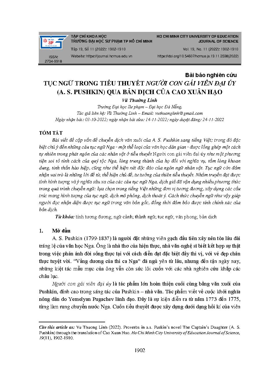 Tục ngữ trong tiểu thuyết người con gái viên đại úy (A. S. Pushkin) qua bản dịch của Cao Xuân Hạo = Proverbs in A.S. Puskin’s novel the captain’s daughter (a. s. pushkin) through the translation of Cao Xuan Hao
