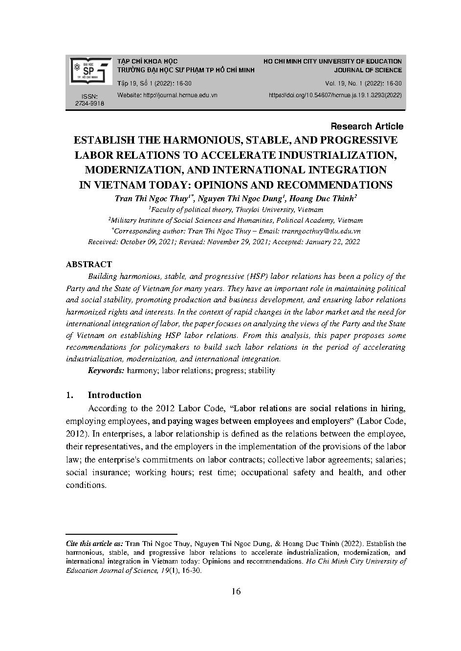 Xây dựng quan hệ lao động hài hòa, ổn định, tiến bộ trong thời kì đẩy mạnh công nghiệp hóa, hiện đại hóa và hội nhập quốc tế ở Việt Nam hiện nay - quan điểm và kiến nghị = Establish the harmonious, stable, and progressive labor relations to accelerate ind