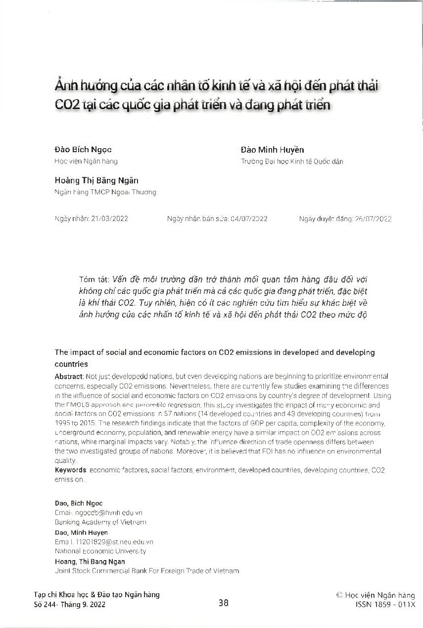 Ảnh hưởng của các nhân tố kinh tế và xã hội đến phát thải CO2 tại các quốc gia phát triển và đang phát triển = The impact of social and economic factors on CO2 emissions in developed and developing countries